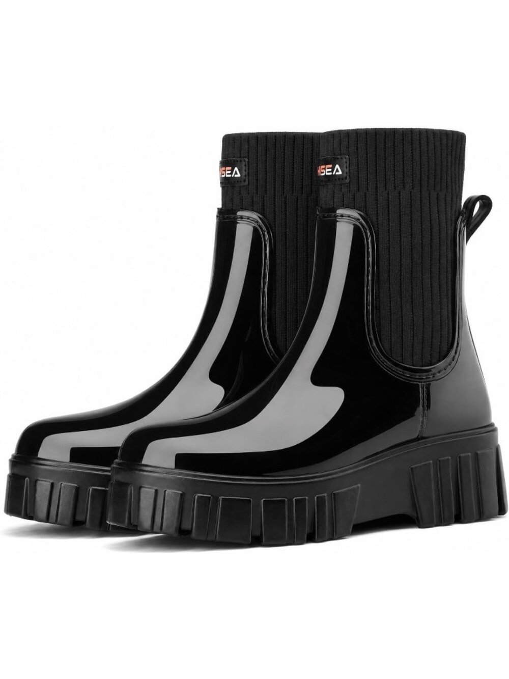 Women's Black Anti-slip Waterproof Chelsea Snug Knit Cuff Collar Ankle Rain Boot